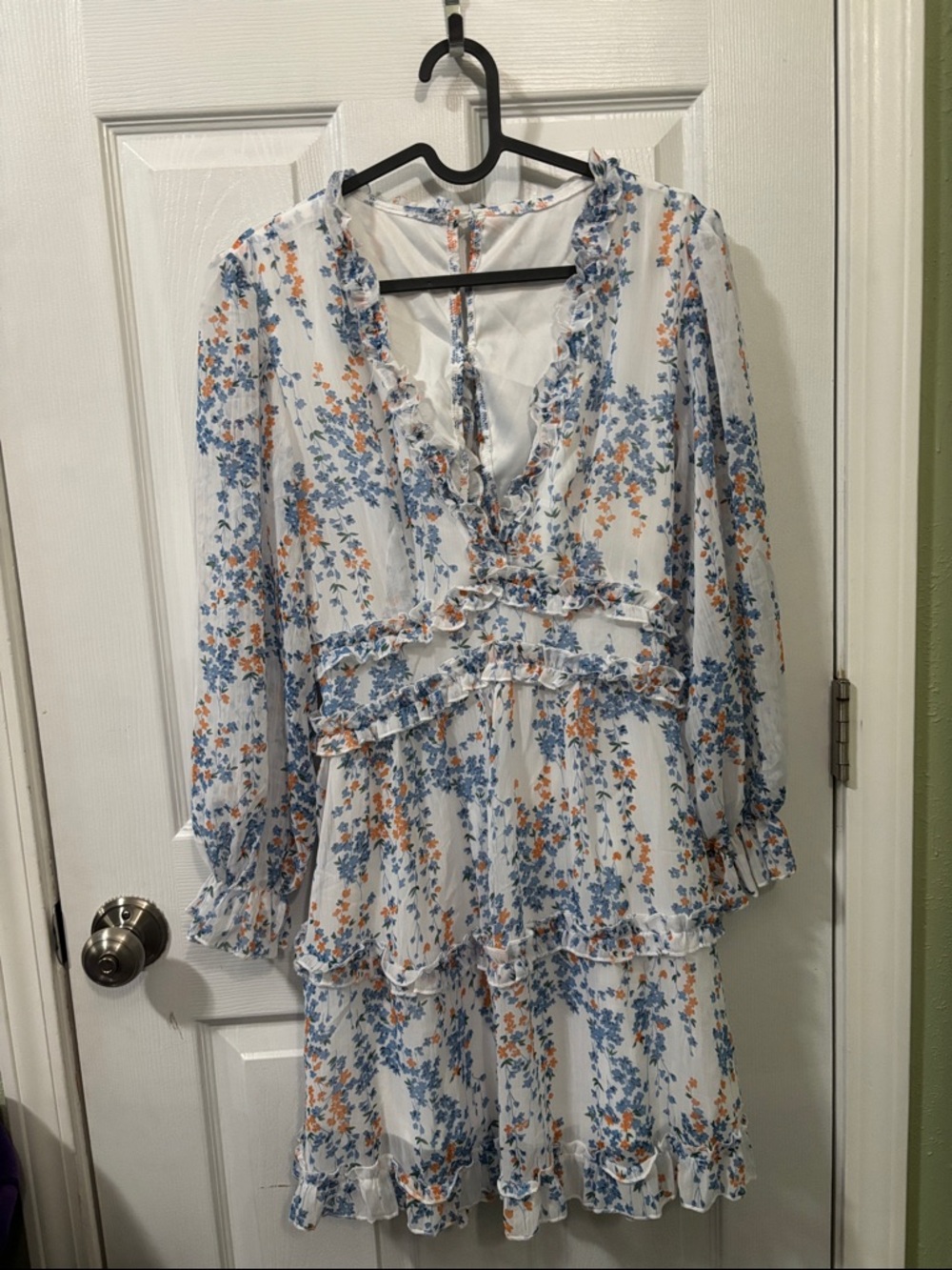Floral Ruffle Long-Sleeve Tiered Dress - White with Blue & Orange Floral